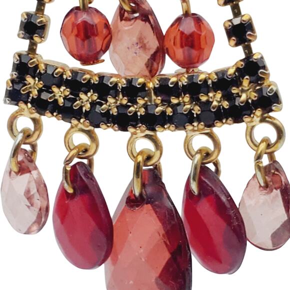 Red Chandelier Earrings Gold Tone Dangle Boho Festival Pink Teardrop Drops 3"L - Picture 2 of 8